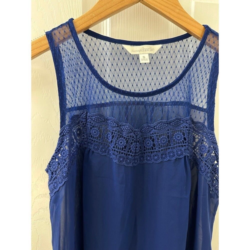 Women’s Charming Charlie Lace Navy Blue Tank Top Blouse Flowy Loose Lightweight